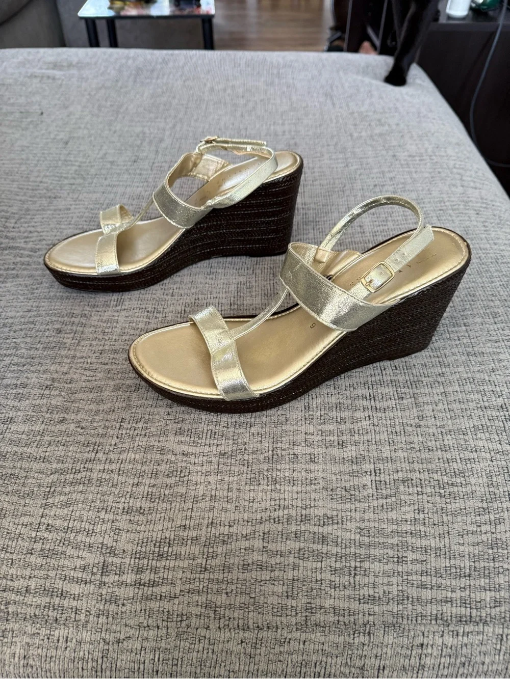 Gold and Brown Strapped High Heeled Wedge Sandals by Italian Shoemakers Size 9
